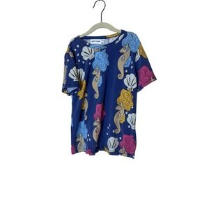 Mini Rodini Shirt Kids 8-9 Years 128/134 Blue Short Sleeve Seahorse Shell Print